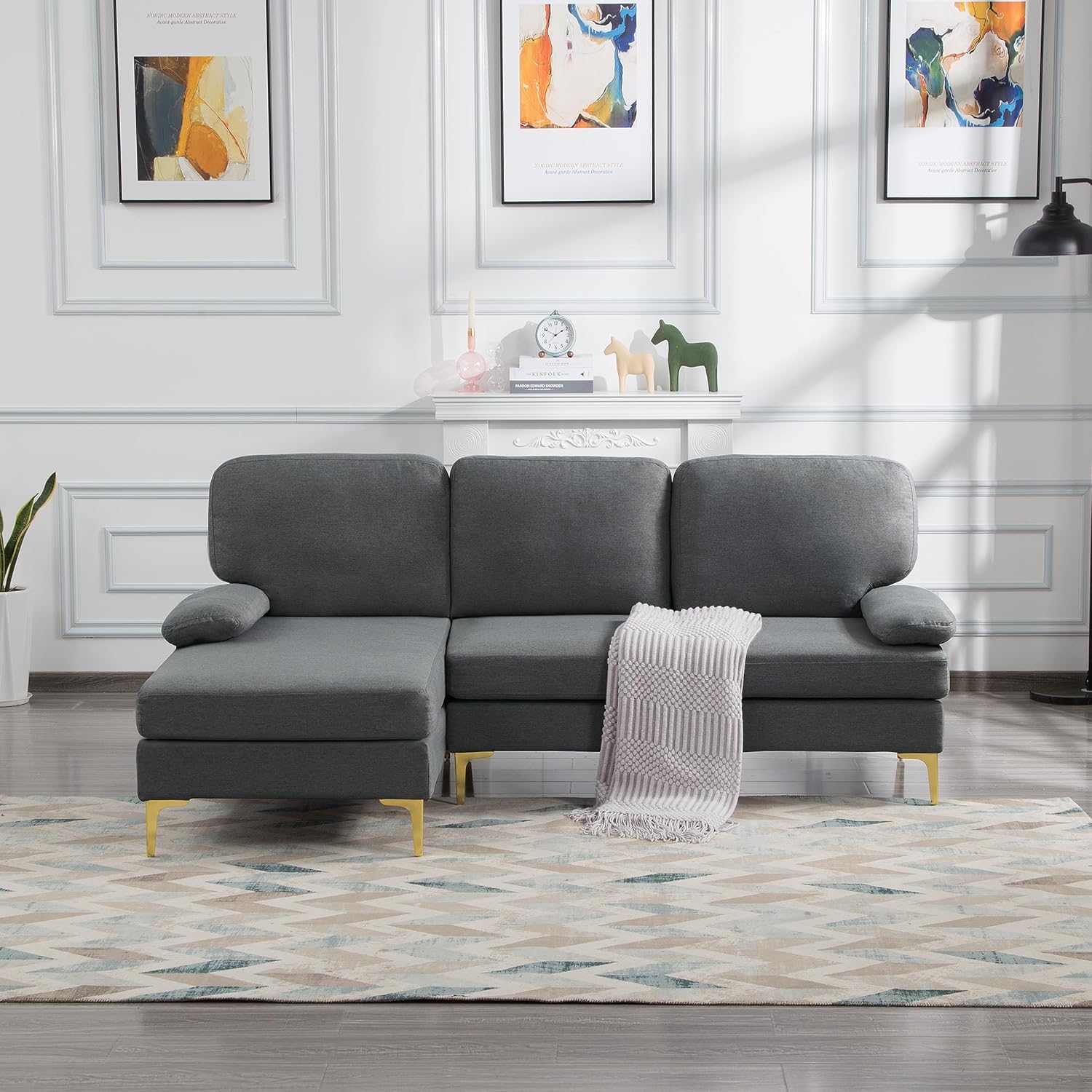 UBGO Sofá en forma de L de 79.5 pulgadas, sillón seccional orientado a la izquierda, sofás de tela moderna de 3 plazas con patas de metal dorado, 2