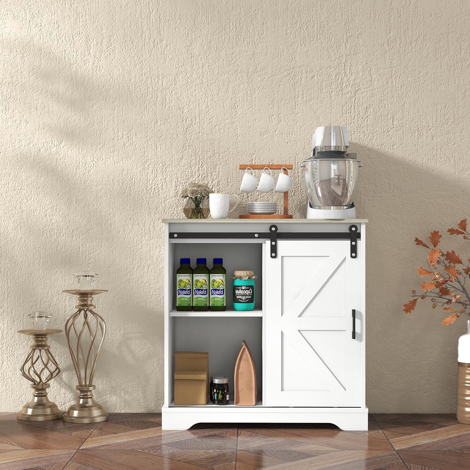 Panana Aparador con puerta corrediza de granero, aparador de buffet, gabinete de almacenamiento, cafetería, cocina, estilo granja (gabinete blanco