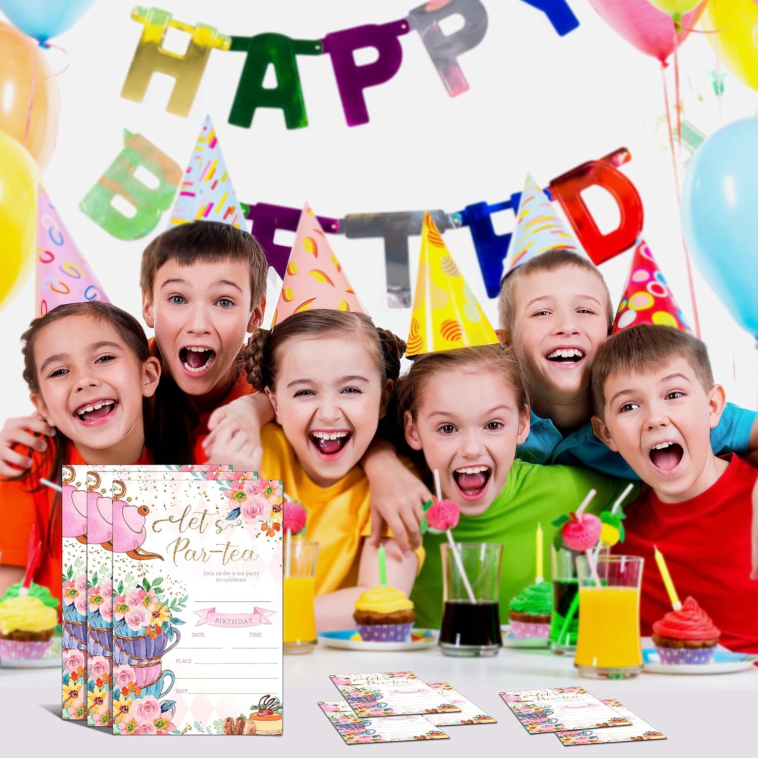 Par-tea Invitaciones para fiesta de cumpleaños, 20 tarjetas de invitación con sobres, 4 x 6 pulgadas, invitaciones de cumpleaños de té floral para