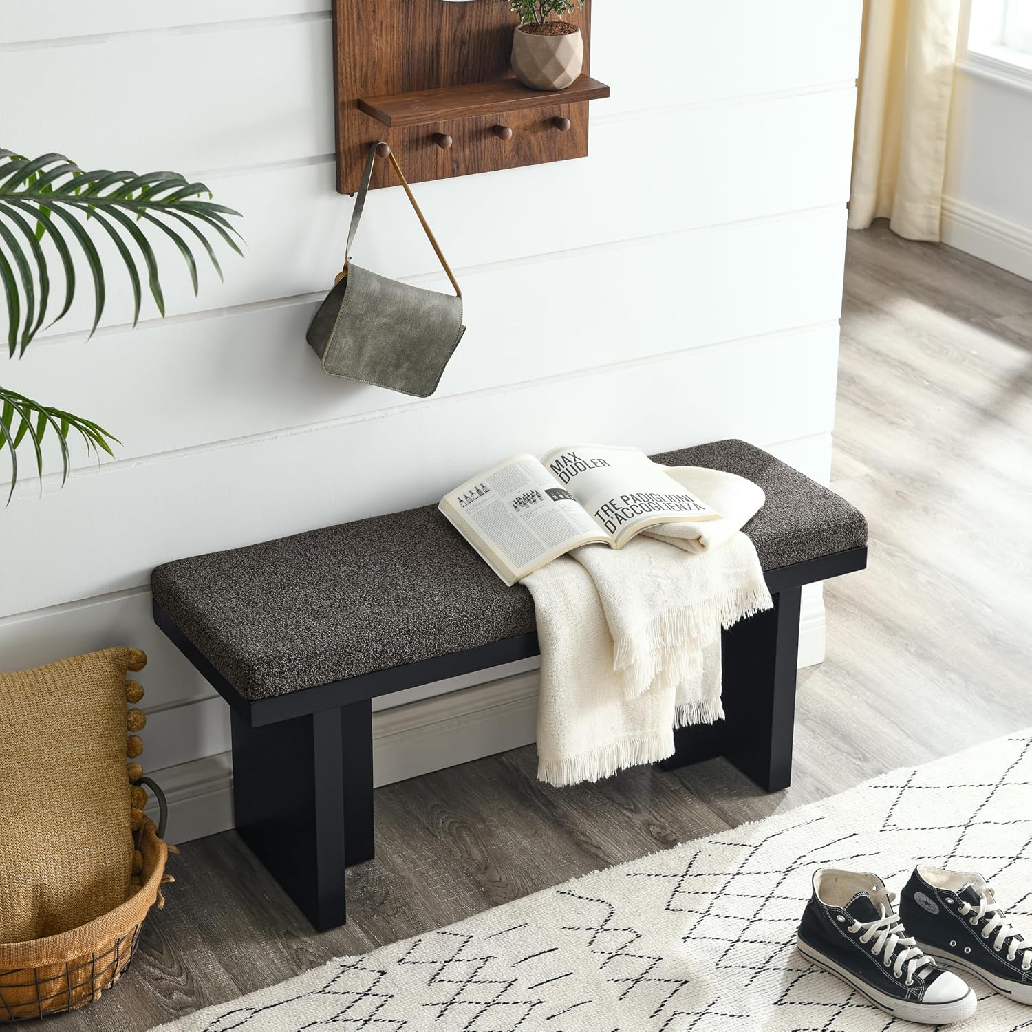 Banco acolchado para dormitorio, hecho de madera de goma resistente, esponja de lino, perfecto para salas de estar, dormitorios y pasillos modernos