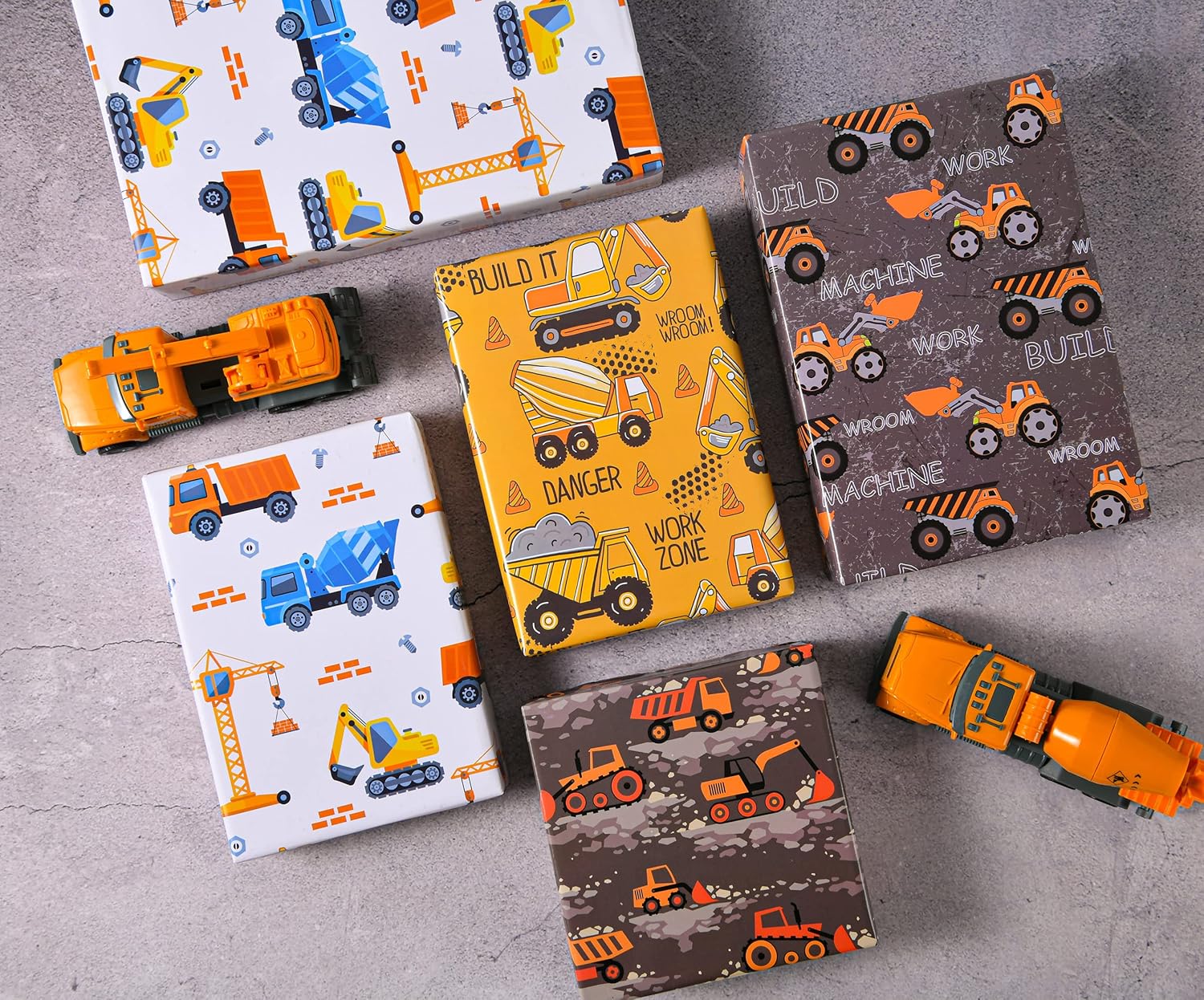 Sikiweiter Papel de regalo de construcción, 12 hojas de papel de regalo de construcción para cumpleaños con camiones, 19.7 x 27.6 pulgadas por hoja