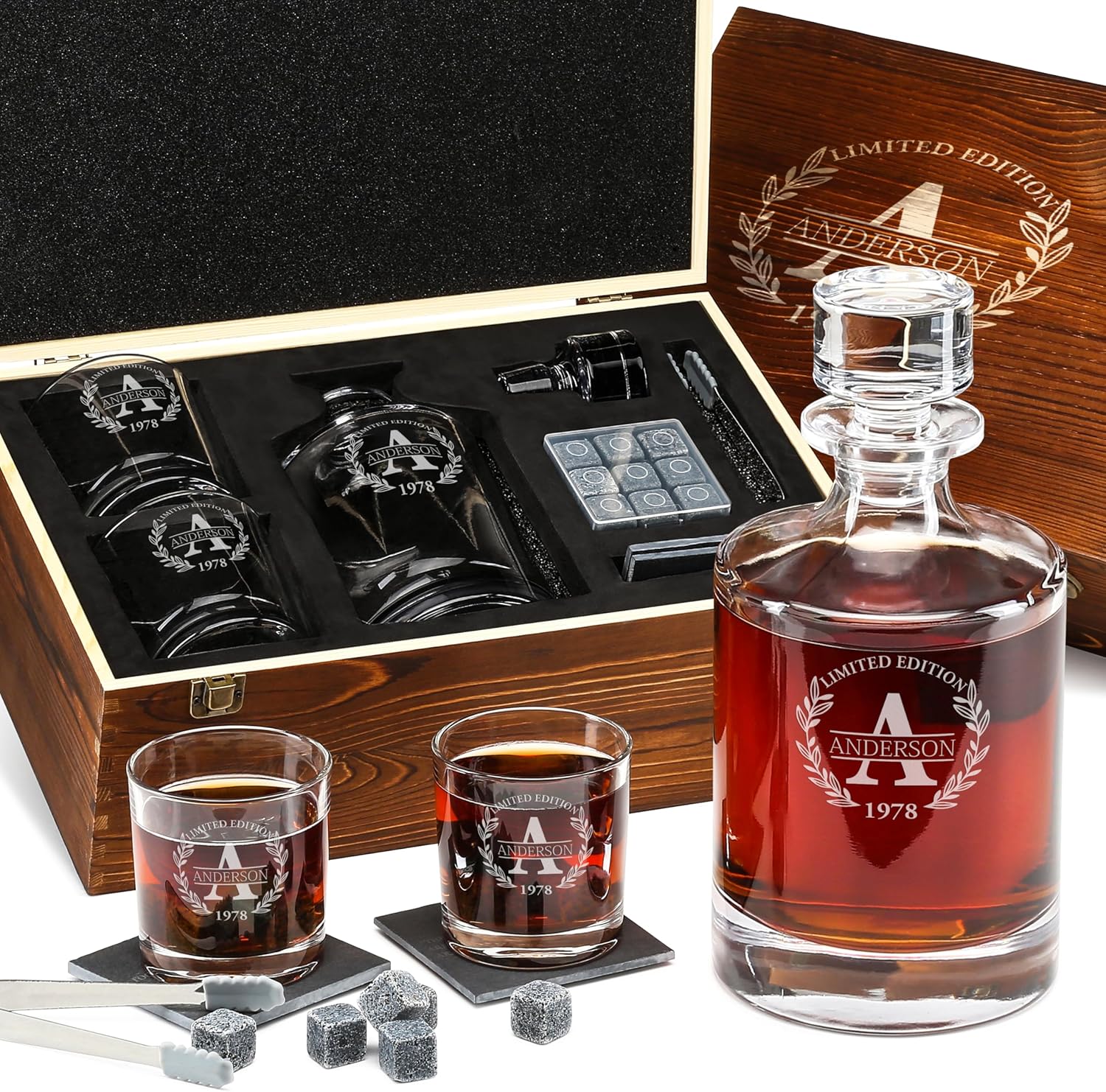 Juego de decantador de whisky personalizado y piedras, regalo personalizado para él, hombres, papá, padre, decantador clásico redondo grabado,