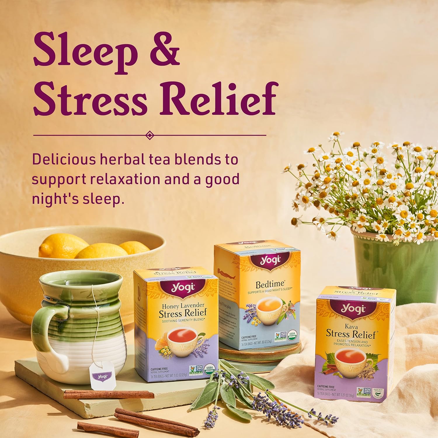 Yogi Tea Cinnamon Horchata Stress + Sleep – Té de hierbas sin cafeína, certificado orgánico por USDA, sin OMG, 16 bolsas de té (paquete de 6)