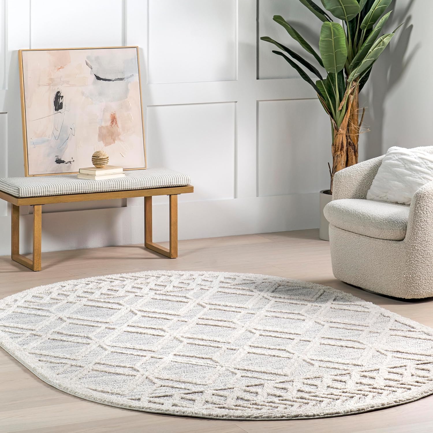 nuLOOM Ansley – Alfombra marroquí ovalada de 7 x 9 con borlas, gris claro, diseño bohemio con textura alta-baja, pelo alto de felpa, resistente a