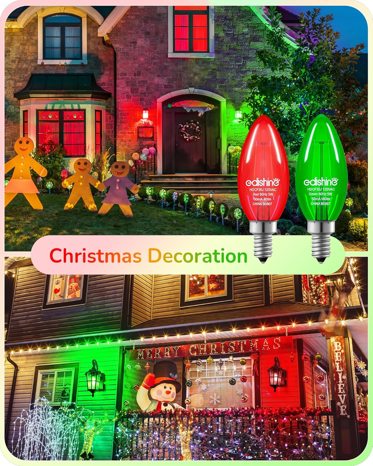 EDISHINE Bombilla de luz roja y verde regulable, equivalente a 5 W a 60 W, bombilla de filamento LED C35, enchufe E12, bombilla Edison de vidrio