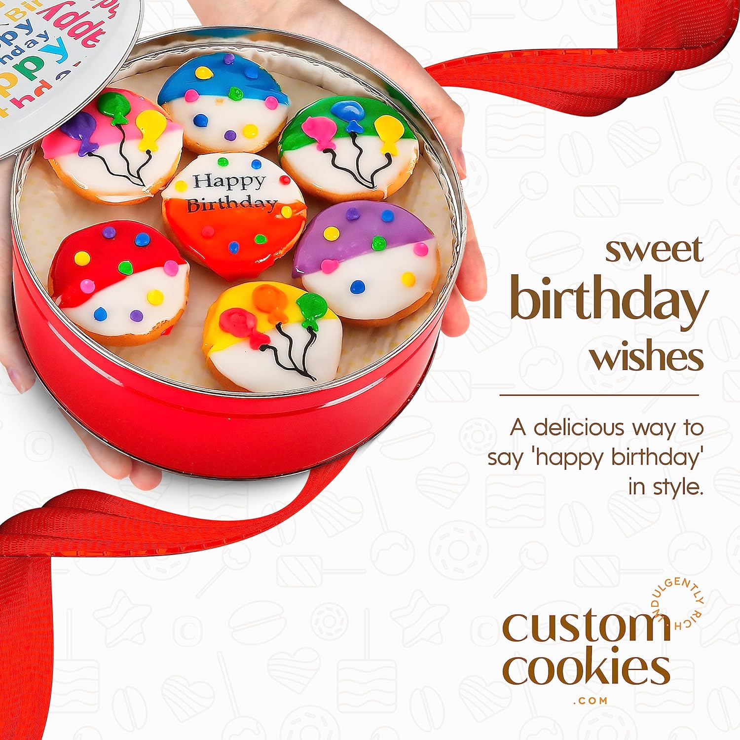 Cesta de regalo de galletas de feliz cumpleaños con 21 piezas decoradas individualmente a mano en varios colores blanco y negro. 7 colores