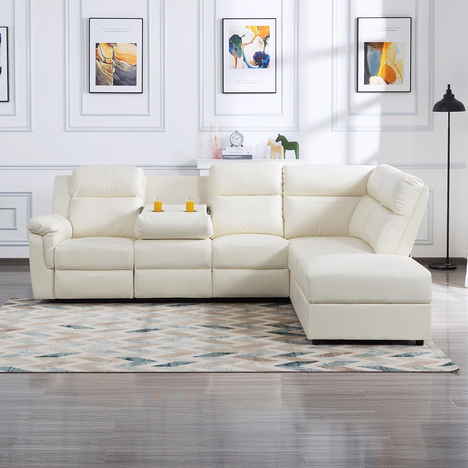 Moderno sofá seccional reclinable manual de piel sintética, 2 portavasos y otomana Sorage, esquina en forma de L de poliuretano 5 sofás para sala de