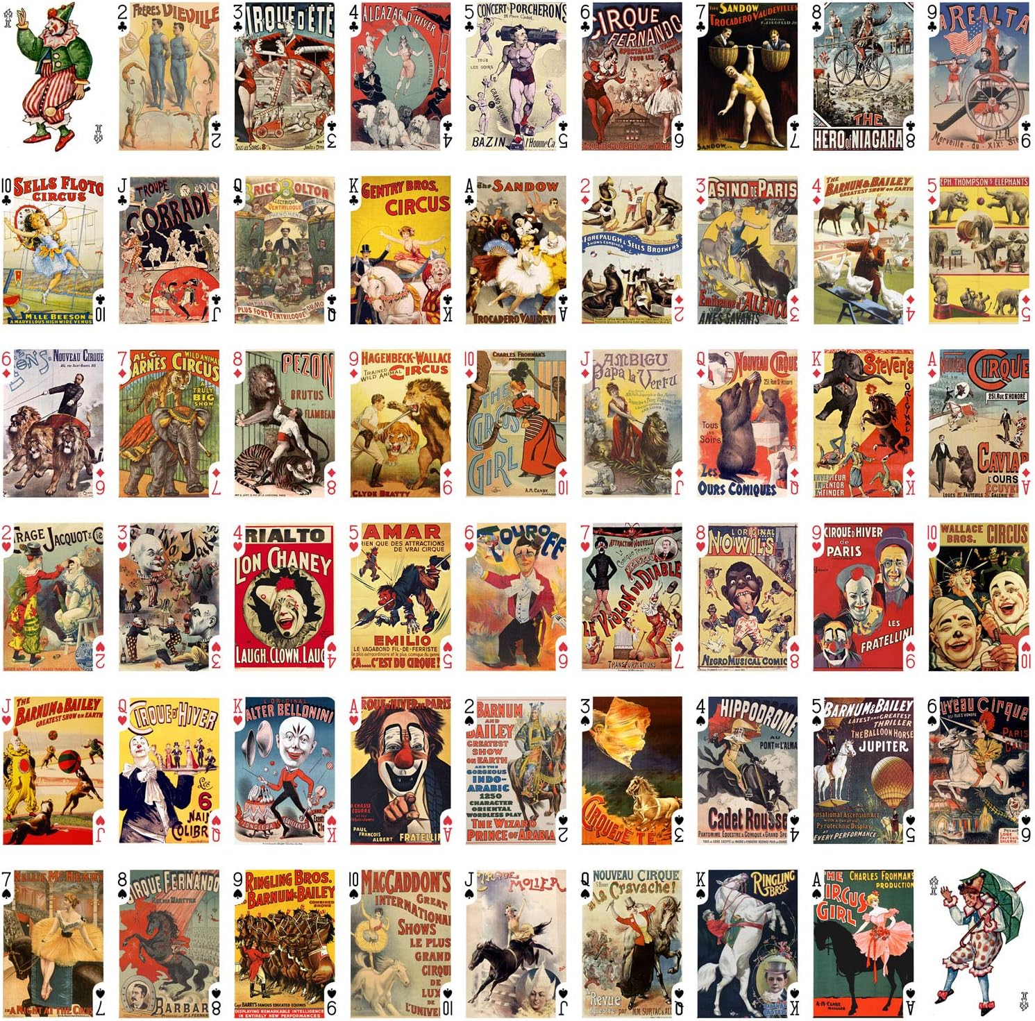 Cartas de circo retro (baraja de póquer 55 cartas todas diferentes) Vintage Circo Payasos Animales Himnast Atleta Vintage Barnes Circus Poster