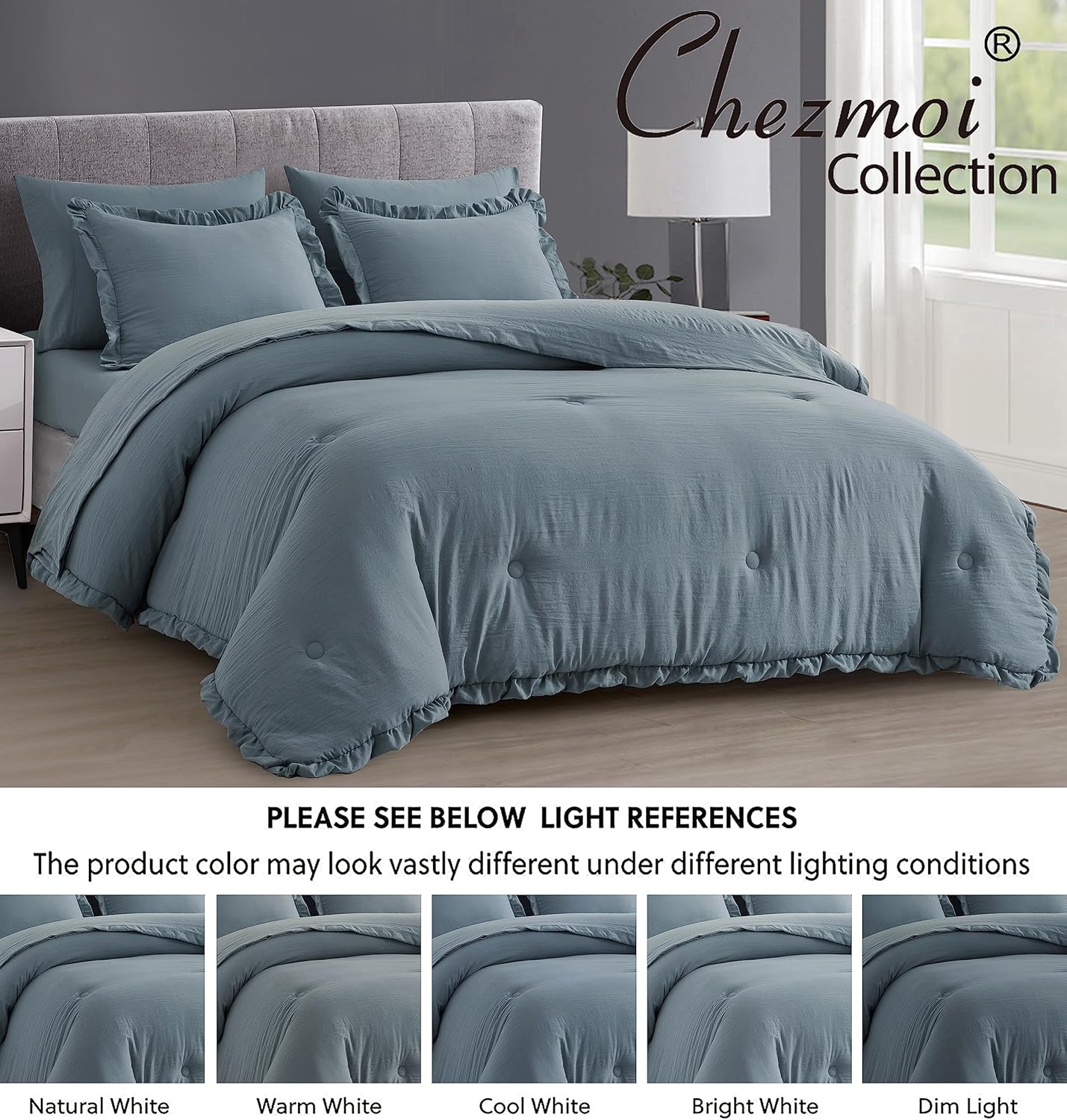 Chezmoi Collection Eleanora – Juego de cama Queen extragrande en una bolsa, 7 piezas con borde de volados, microfibra lavada a piedra con sábanas,