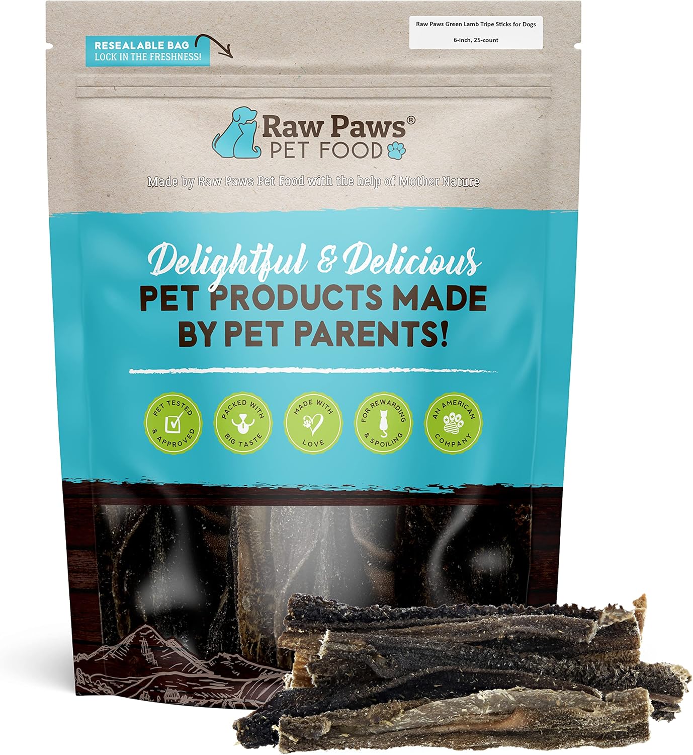Raw Paws Green Lamb Tripe Sticks para perros, paquete de 25  Un solo ingrediente, golosinas crujientes de cordero verde tripa para perros