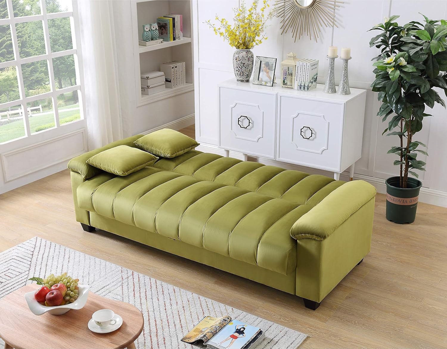 Sofá cama convertible de terciopelo de 82.7 pulgadas con almacenamiento para sala de estar y dormitorio, color verde