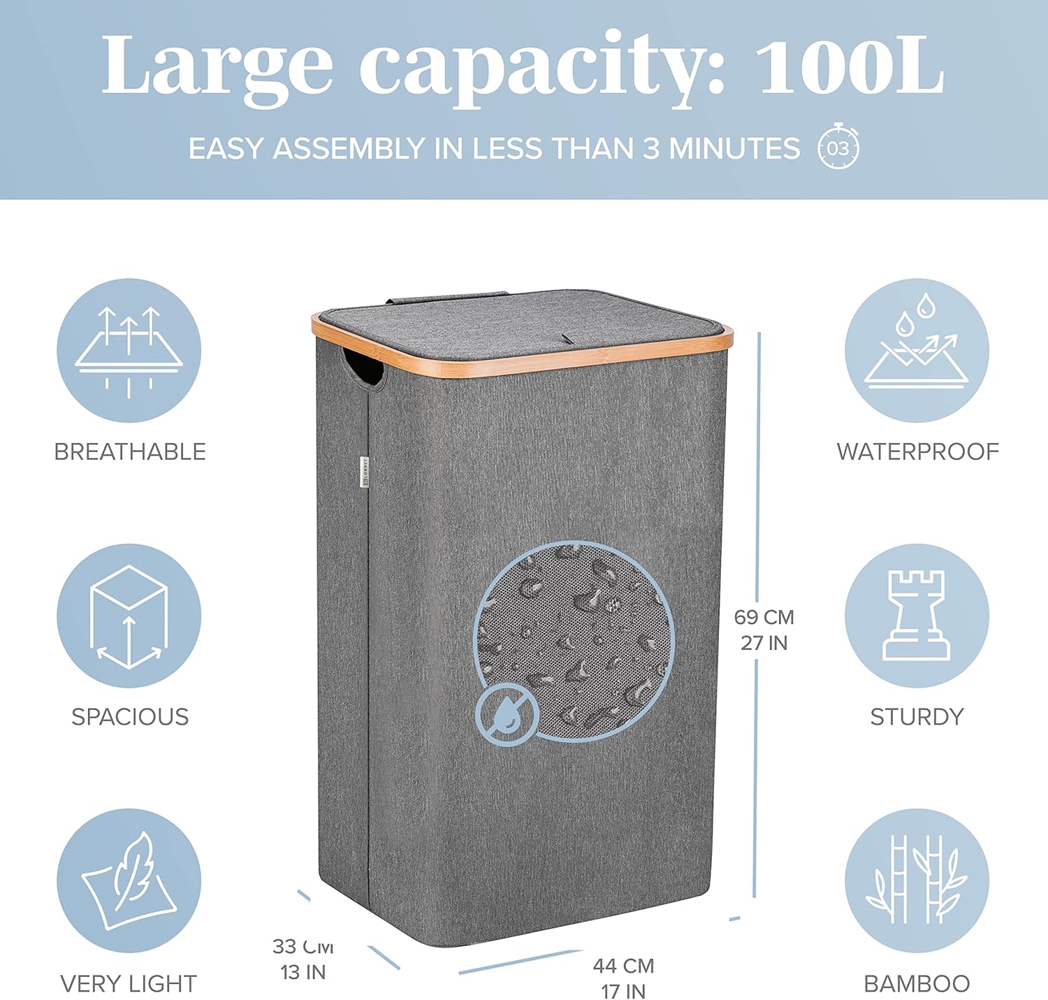 Cesta de lavandería gris con tapa  XL 100 L  Cestas grandes para lavandería con asas  Contenedor alto de bambú para ropa sucia  Cesta de papel