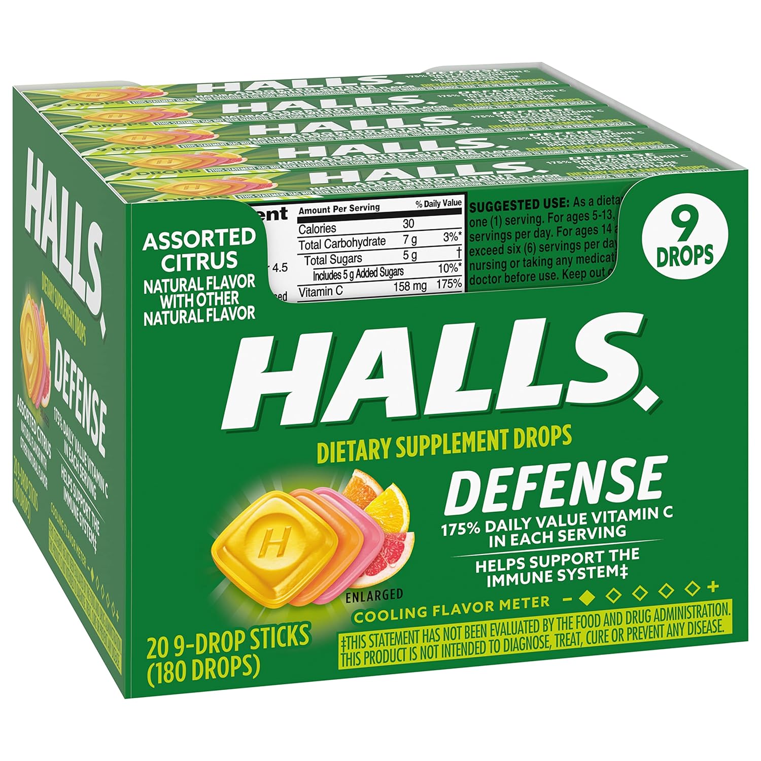 HALLS Defense – Gotas de vitamina C cítricas surtidas, 20 barras de 9 gotas (180 gotas en total)