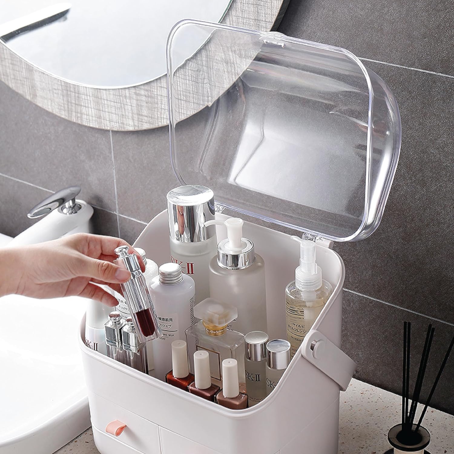 BRUUN – Contenedor de almacenamiento para cosméticos para el cuidado de la piel una caja de maquillaje grande de color blanco a prueba de polvo y