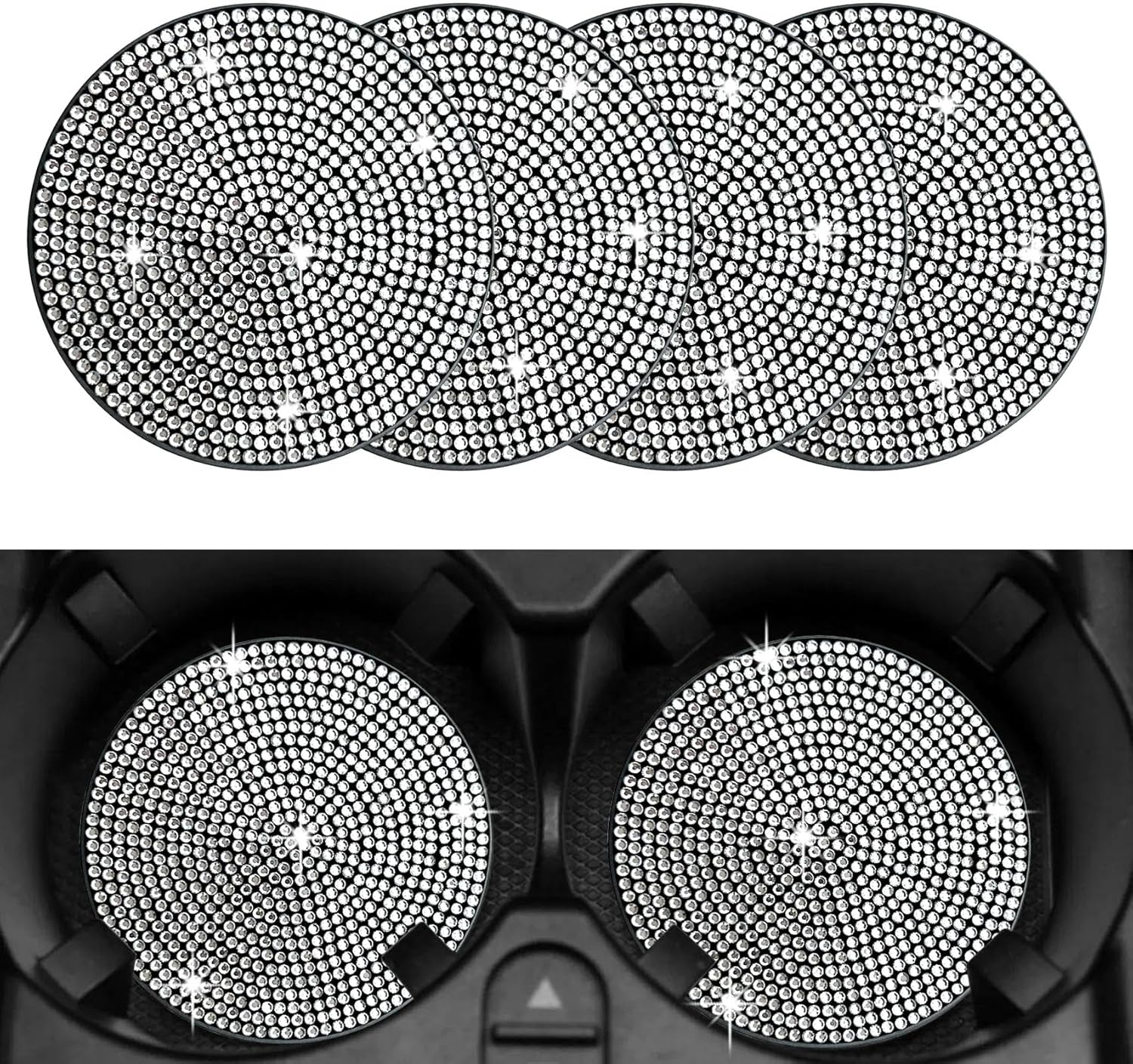 QUICTO 4 posavasos brillantes para la mayoría de los interiores de automóviles, portavasos con diamantes de imitación de cristal completo son