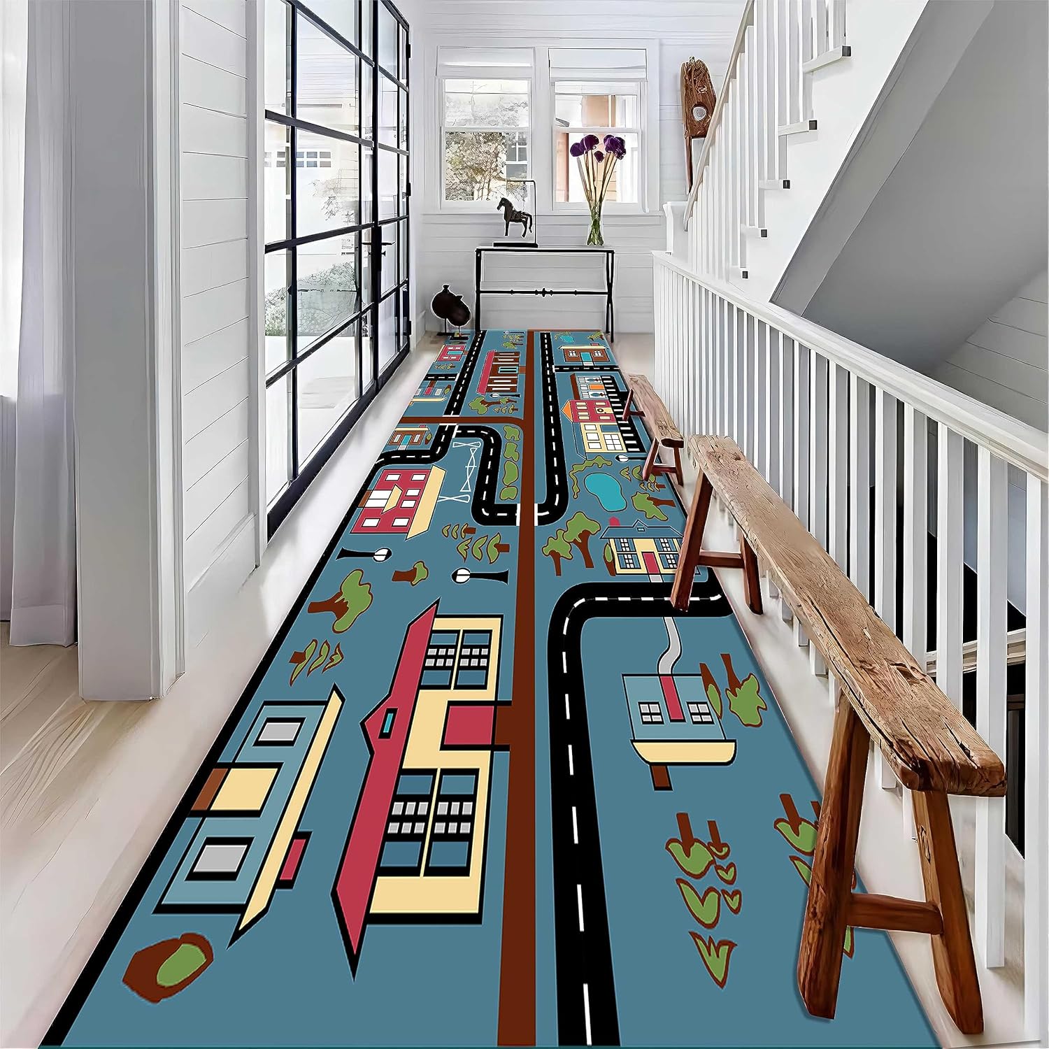 Alfombra de pasillo con vista a la ciudad, 1.3 x 7 pies, mapa de tráfico de la ciudad de dibujos animados, casas, carreteras, pistas de automóvil,