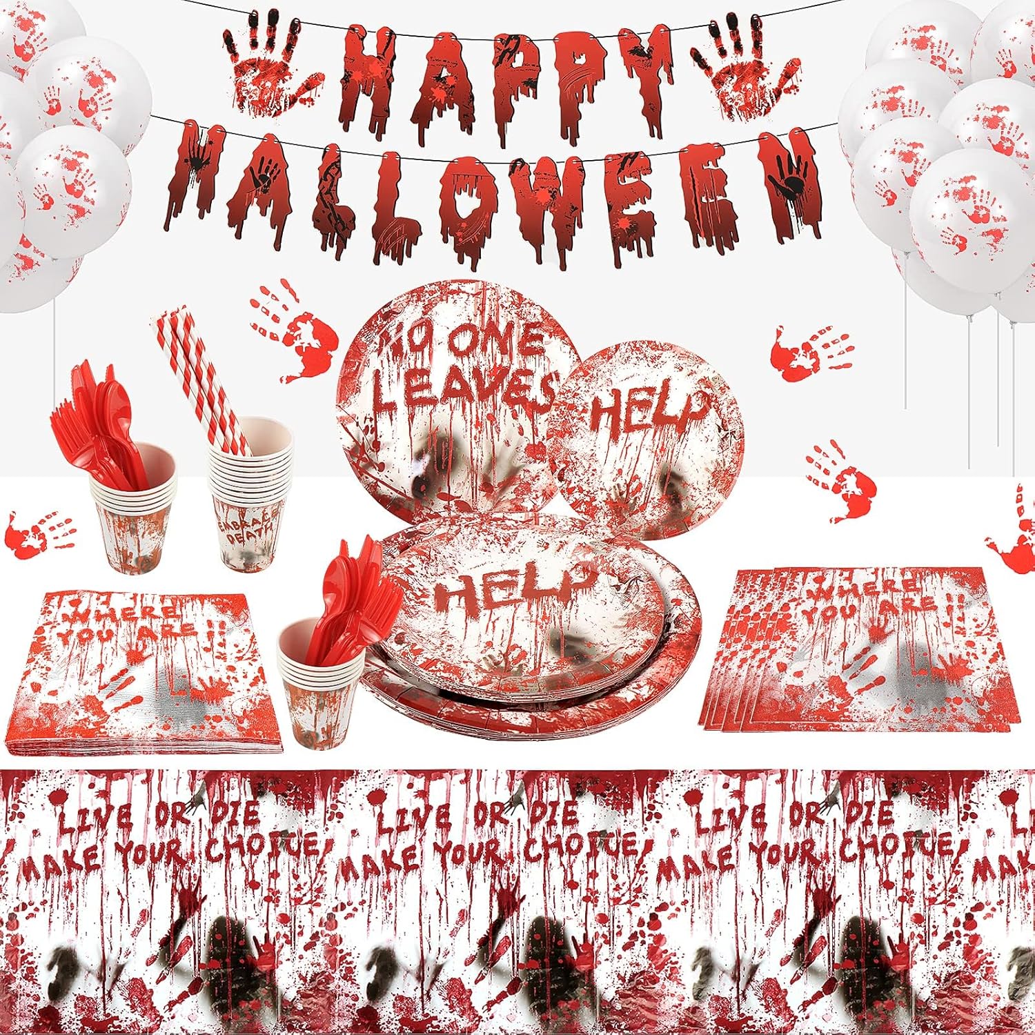 SelfTek Juego de vajilla de 177 piezas de suministros para fiesta de Halloween, decoraciones de fiesta de Halloween, vajilla desechable, platos de