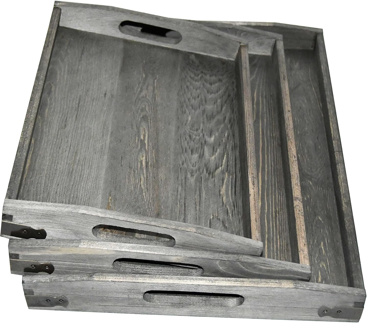 Owlgift Bandejas de madera gris vintage con detalles de metal de latón, juego de 3