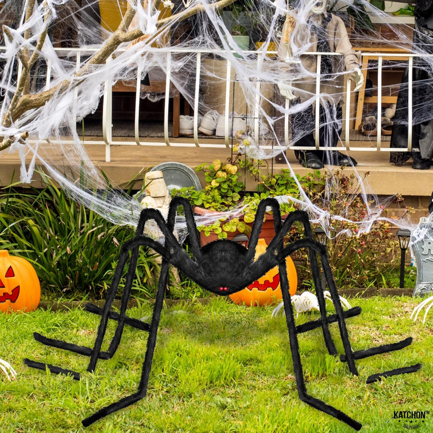 Katchon, Decoraciones de Halloween de araña gigante, paquete de 2, telaraña triangular de Halloween para exteriores, cuerda de telaraña, decoración