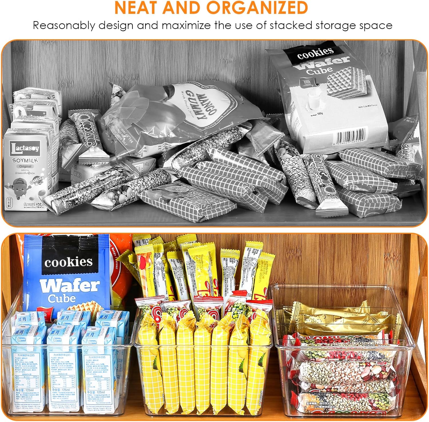 Paquete de 4 organizadores y almacenamiento de despensa, transparentes para cocina, refrigerador, organización de gabinete, 4 compartimentos