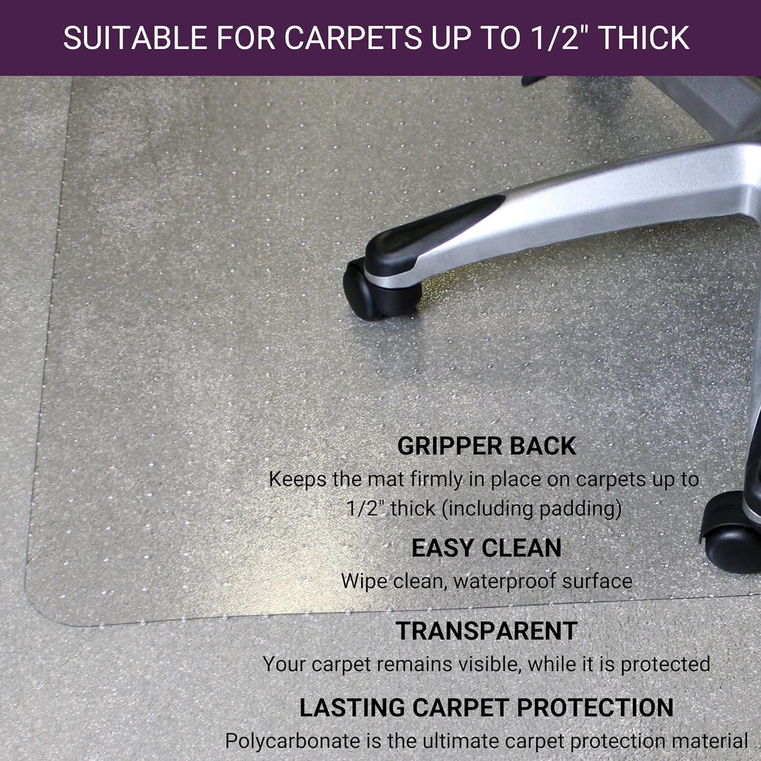 Marvelux Tapete para silla de oficina de policarbonato resistente de 47 x 53 pulgadas con borde para alfombras, protector de alfombra transparente
