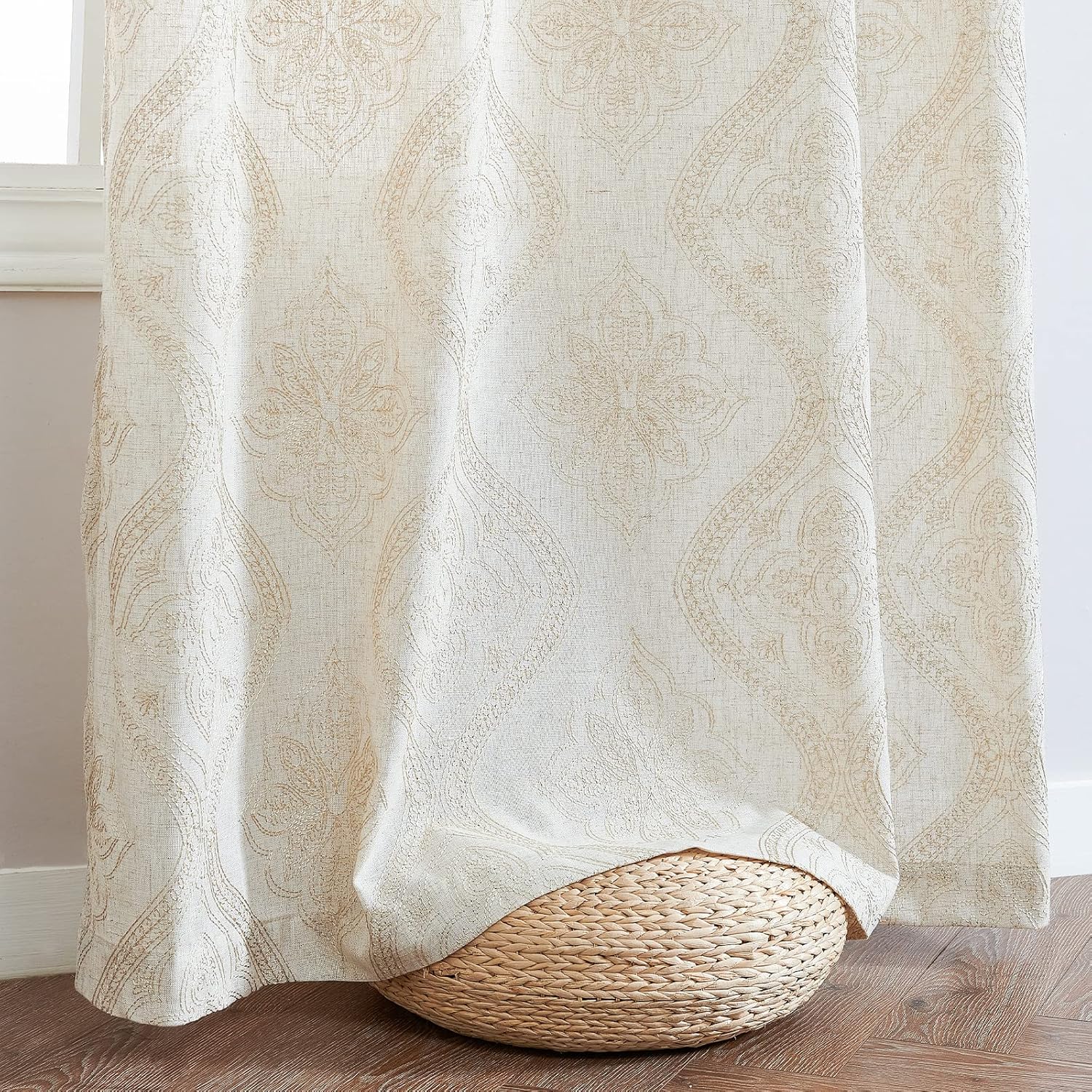 Jinchan – Cortinas de lino con textura para sala, diseño bordado para ventana, privacidad, juego para ventana, para dormitorio, con ojales en la