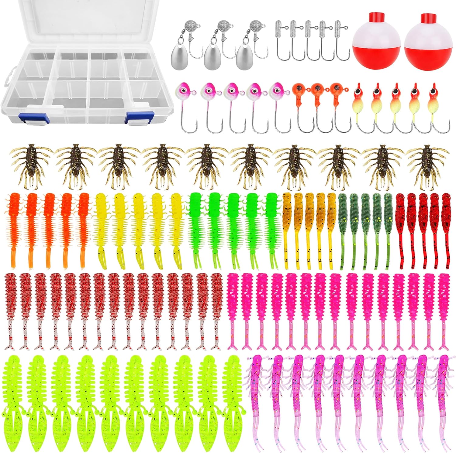 SMMYMGF Señuelos de pesca, caja de aparejos de trucha y crappie, kit de equipo de pesca en hielo, incluye cabezas de plantilla, cebos de plástico