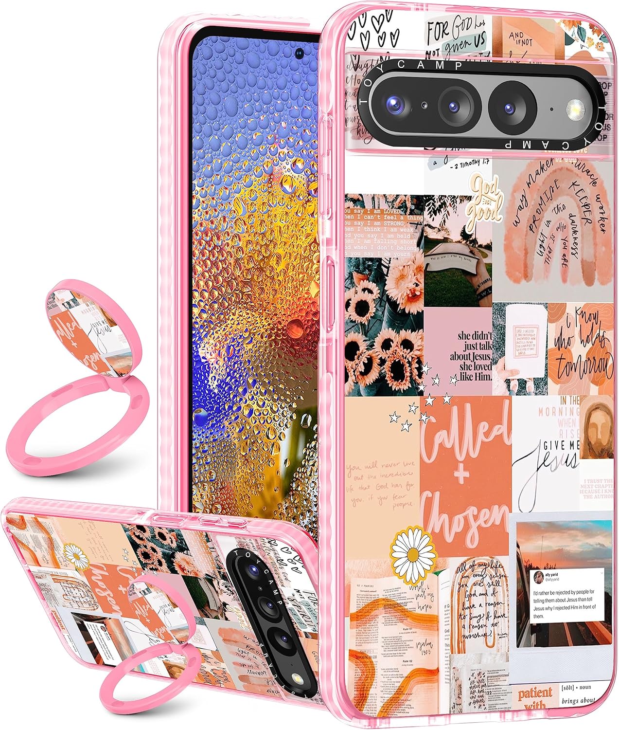 Toycamp Funda para Pixel 7 Pro con soporte para anillos, bonita estética retro vintage, diseño de collage de dibujos animados, a prueba de golpes