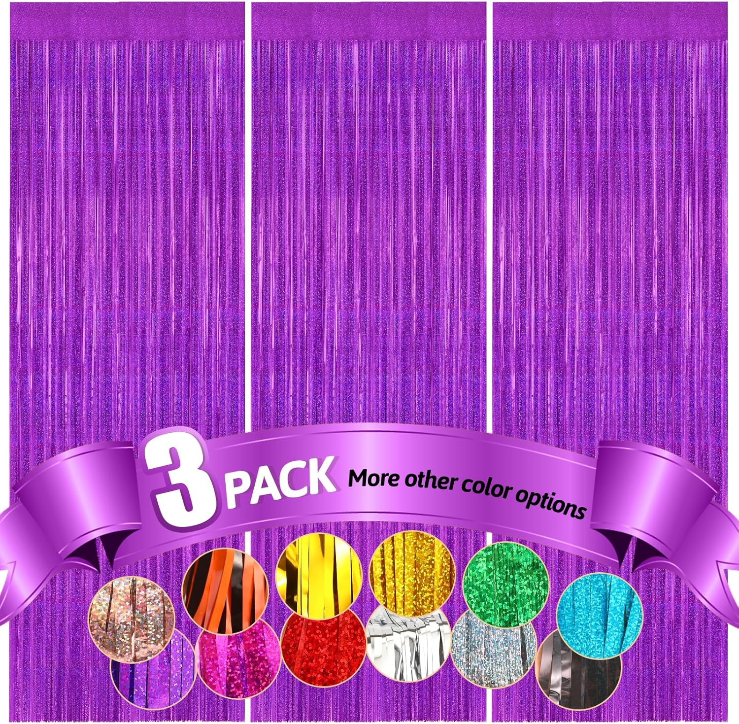Cortinas de flecos de papel de oropel metálico morado, paquete de 3 cortinas grandes de 3.3 x 8.2 pies para decoración de fiestas, puertas, paredes,