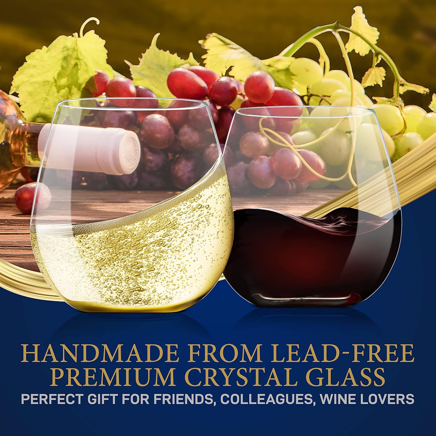 NutriChef Copas de vino sin tallo de 15 onzas  Juego de 8 vasos de cristal transparente para vino rojo y blanco, ultrafino, elegante, sin plomo,