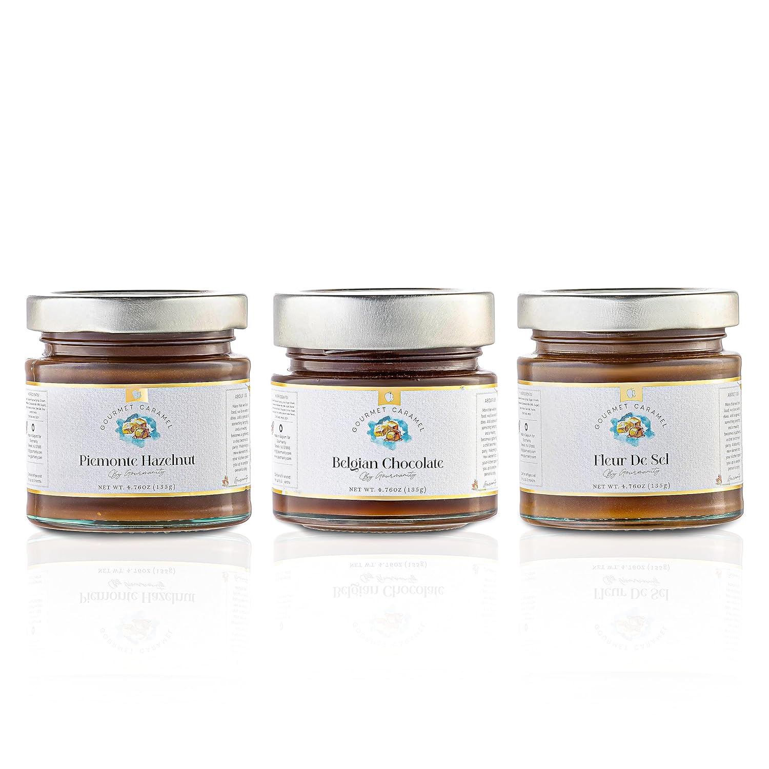 Gourmanity Juego de regalo de salsa de caramelo, auténtico caramelo salado, caramelo de avellana y chocolate belga, ingredientes para pasteles y