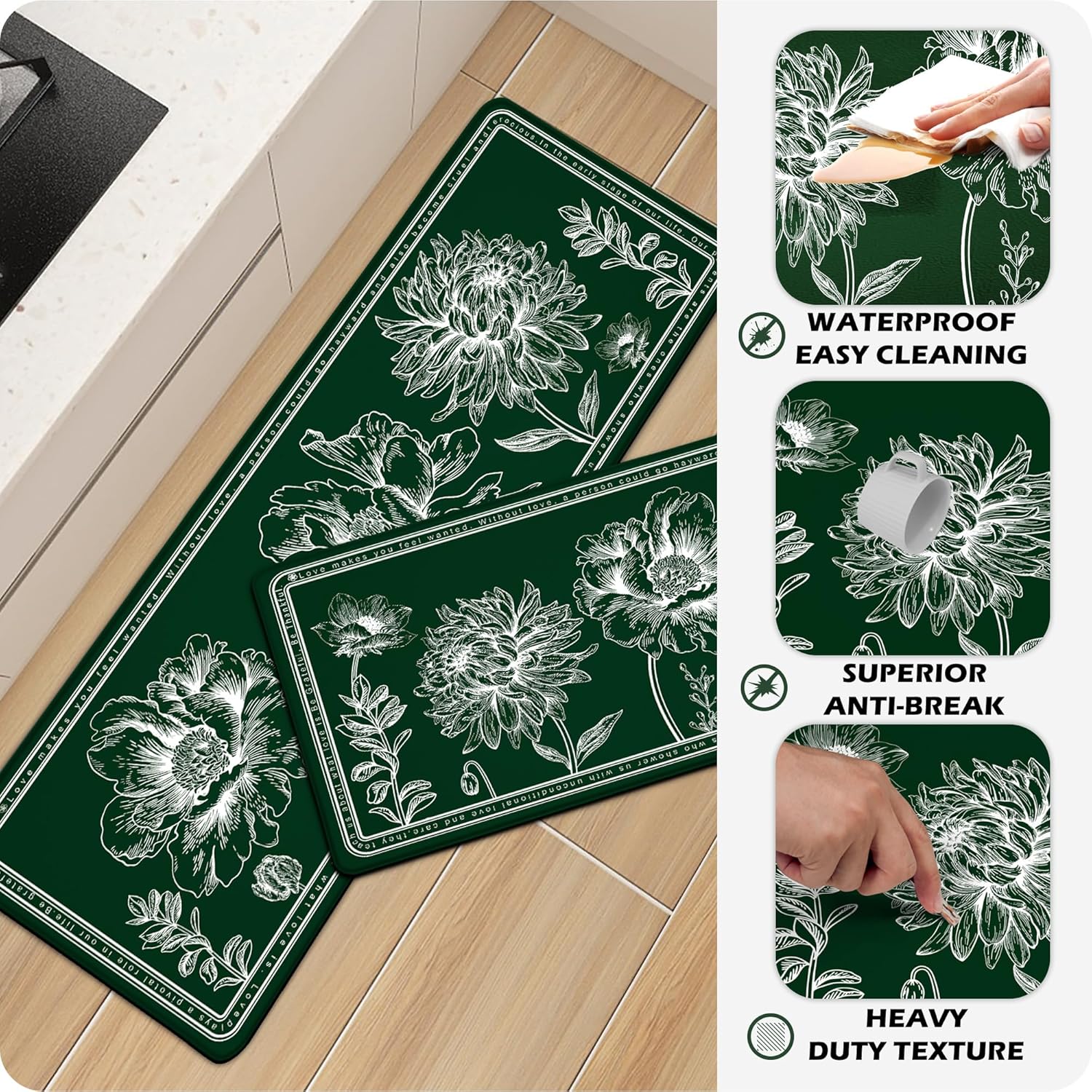 Juego de 2 alfombras de cocina florales antifatiga de PVC, antideslizantes, impermeables, acolchadas, cómodas alfombrillas de cocina para piso,