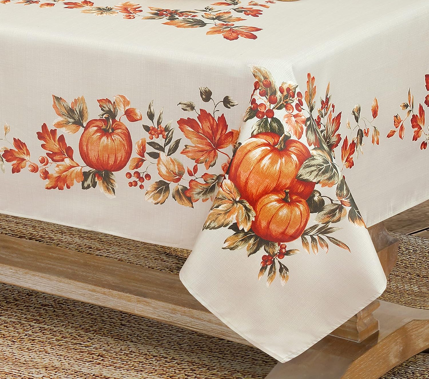 Mantel de Acción de Gracias Traditions con borde de cosecha de otoño, hojas de otoño y parche de calabaza, mantel de tela de fácil cuidado, 52 x 52