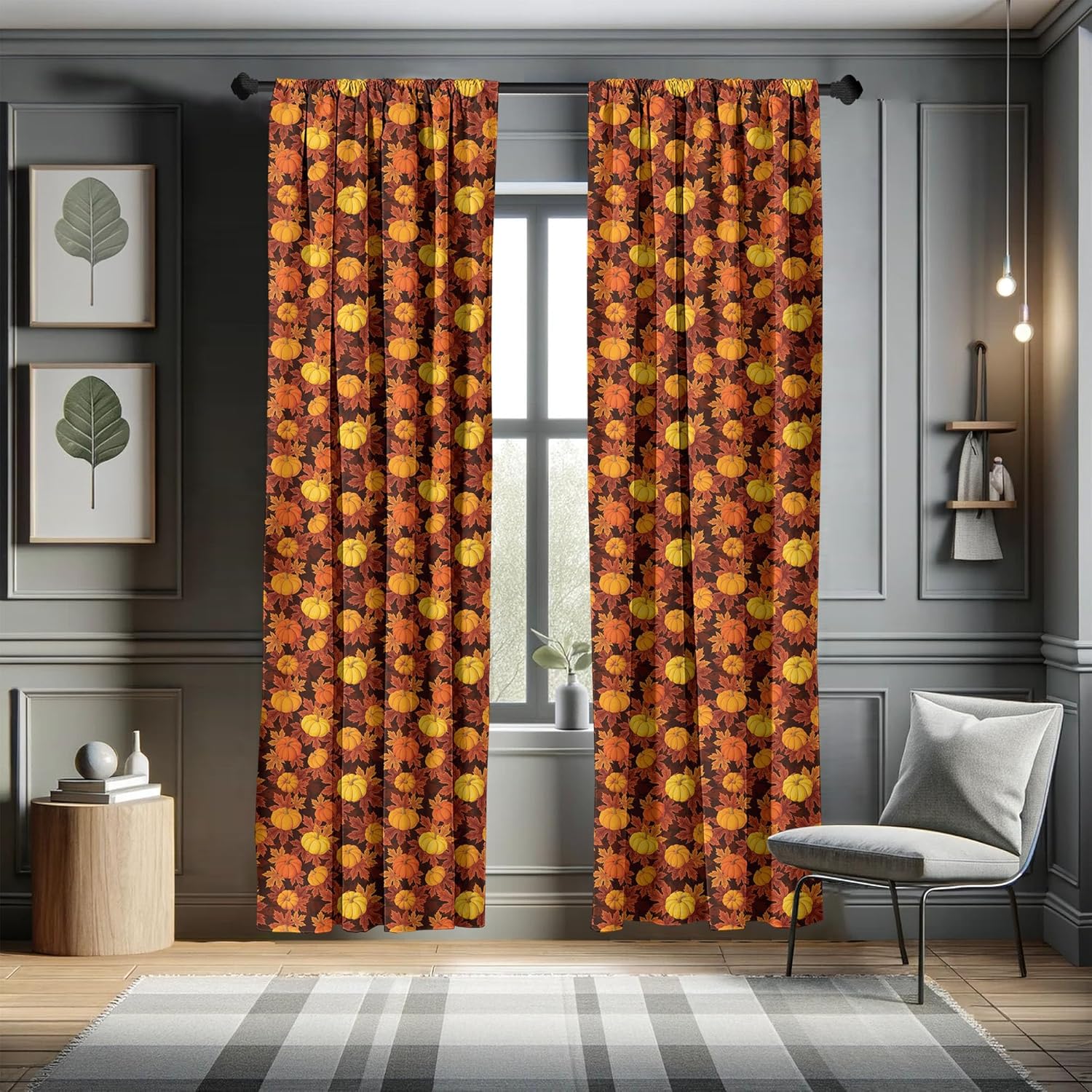 Lunarable Cortinas de calabaza, ilustración otoñal con hojas de arce, plantas de calabaza, patrón de colores cálidos, tratamientos de ventana, juego