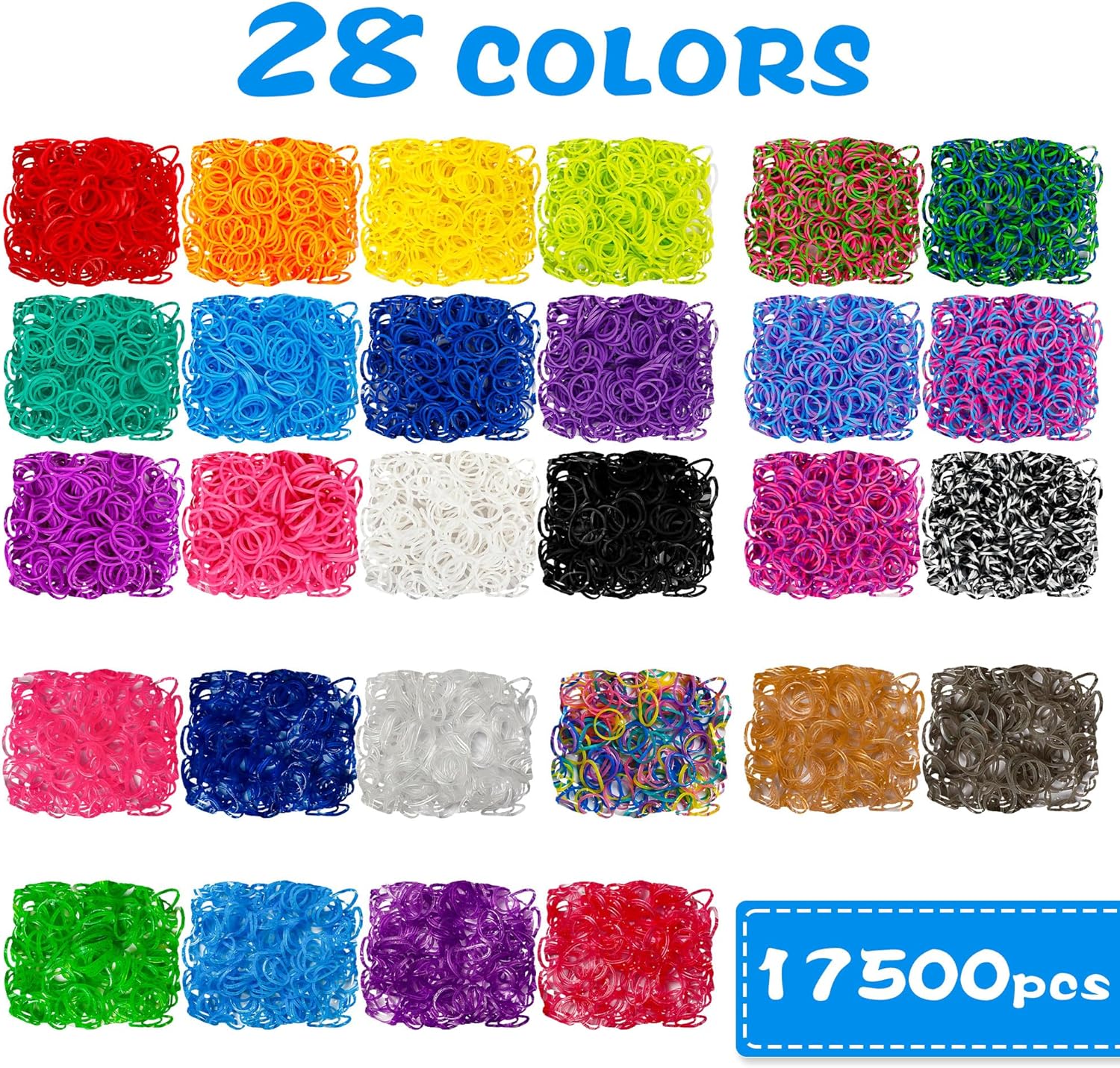 Más de 17500 bandas de goma con contenedor de 3 capas azul profundo, 28 colores, 600 clips en S, 352 cuentas, 40 colgantes de dibujos animados, kit
