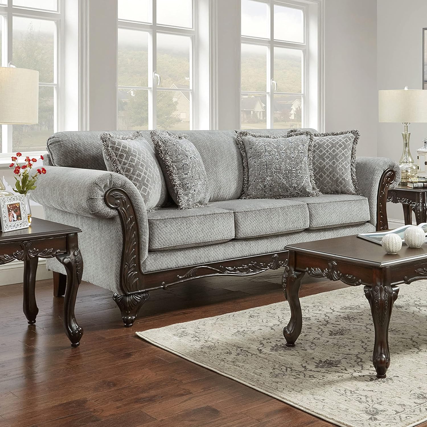 Roundhill Furniture Hernen – Juego de sofá y sofá biplaza con marco de madera tallada, color gris