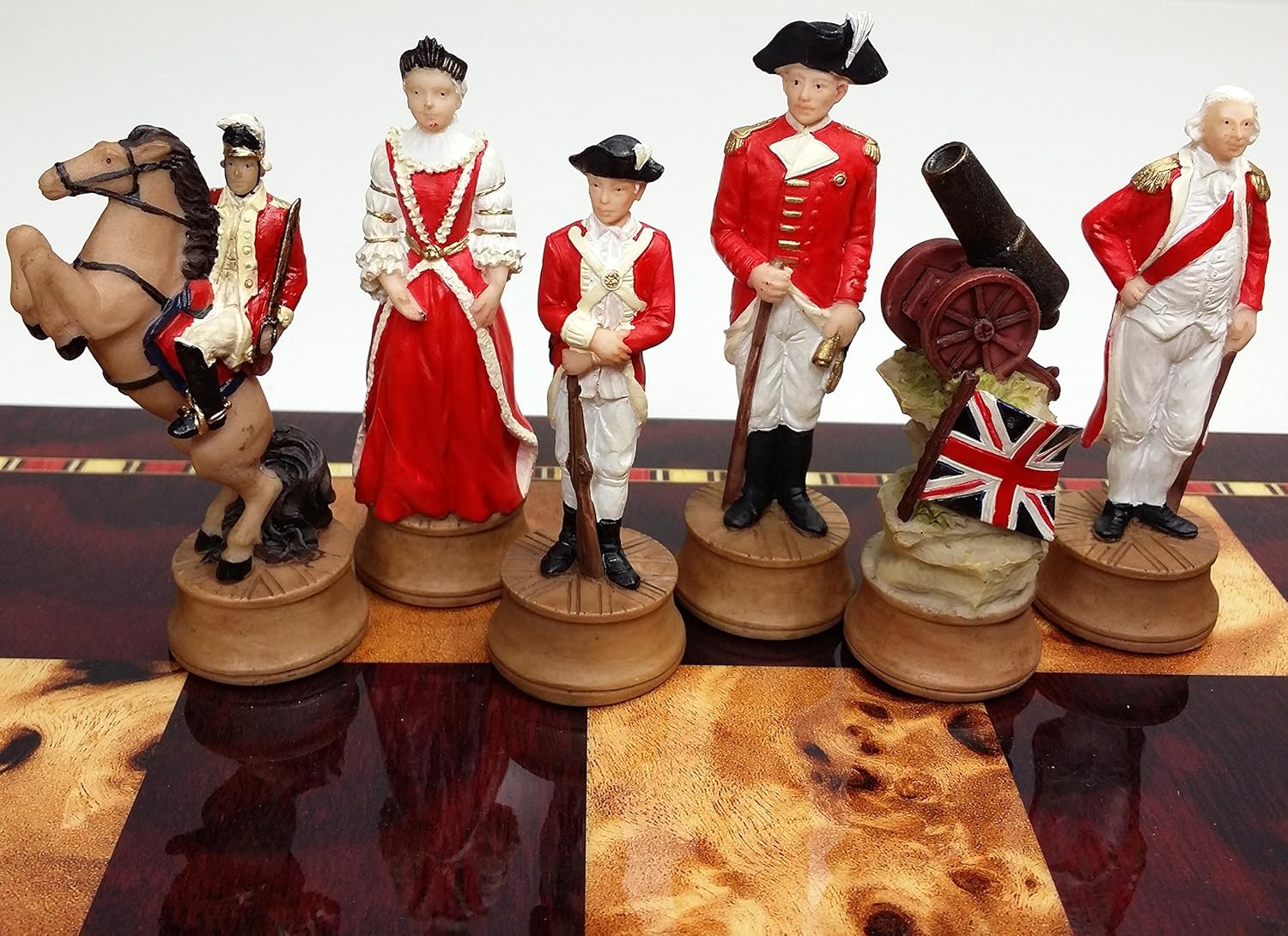 Juego de ajedrez de guerra de independencia revolucionaria americana con tablero de color cereza y Burlwood de 18 pulgadas