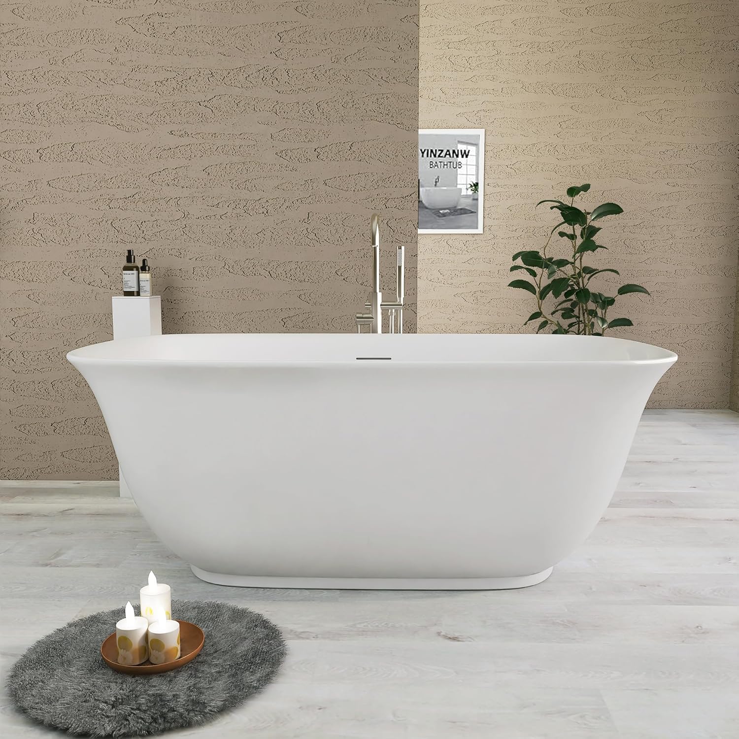 Yinzanw Bañera acrílica de 59 pulgadas, cubierta de grifo de bañera independiente, certificado cUPC, drenaje extraíble integrado con acabado blanco