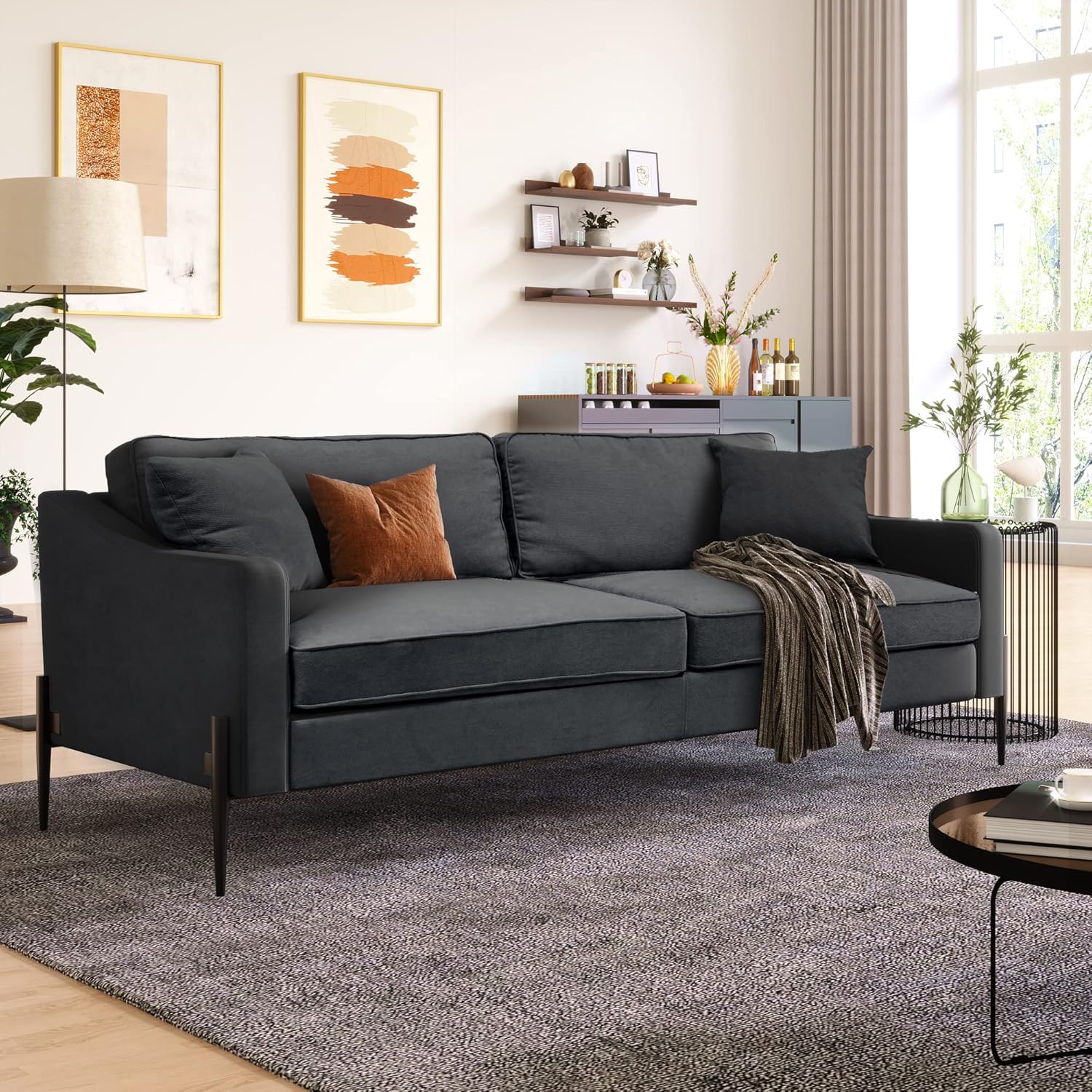 Merax Sofá de dos plazas tapizado moderno con patas de metal, duradero con 2 almohadas, capacidad de asiento para 2-3 personas, 2 plazas, gris