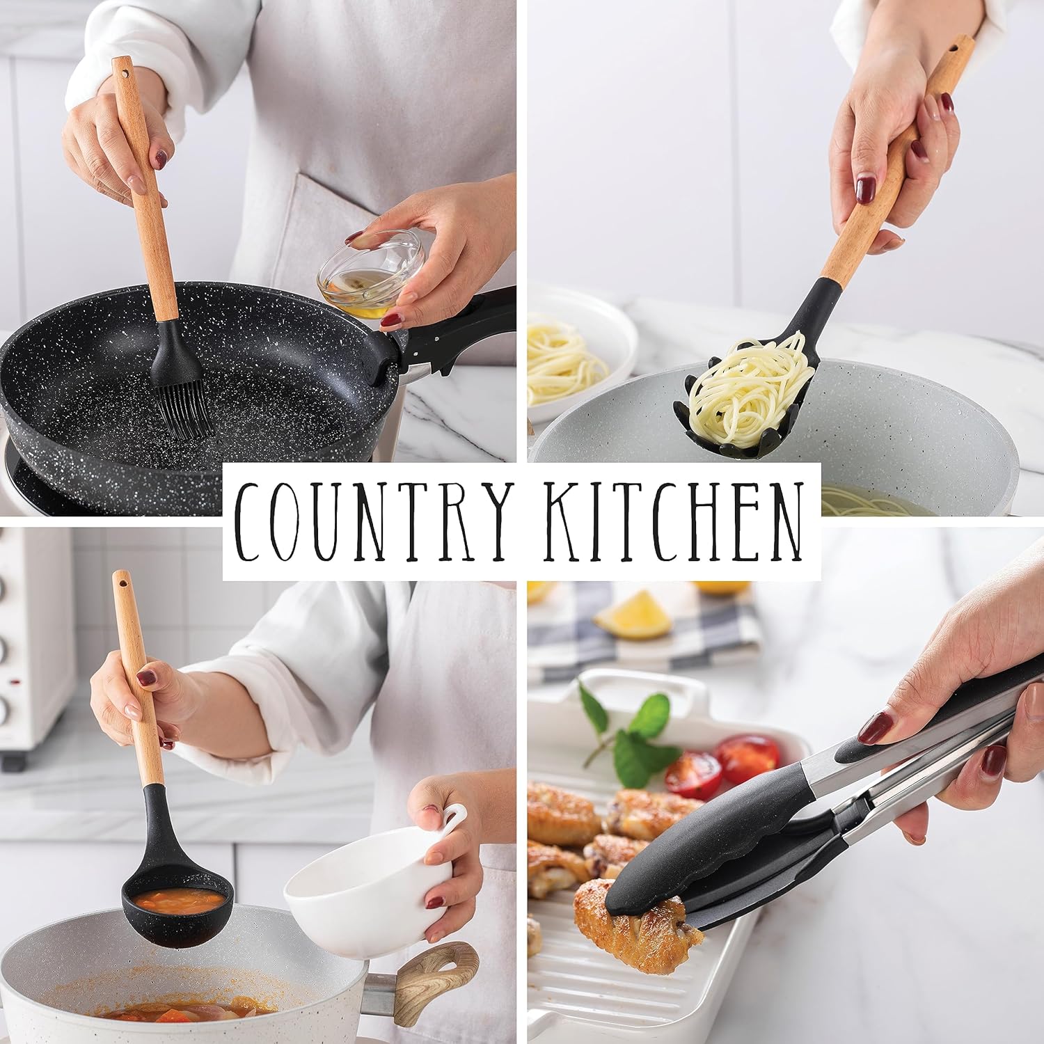 Country Kitchen Juego de utensilios de cocina  Juego de 38 espátulas de silicona antiadherentes con soporte, asas de madera y utensilios resistentes