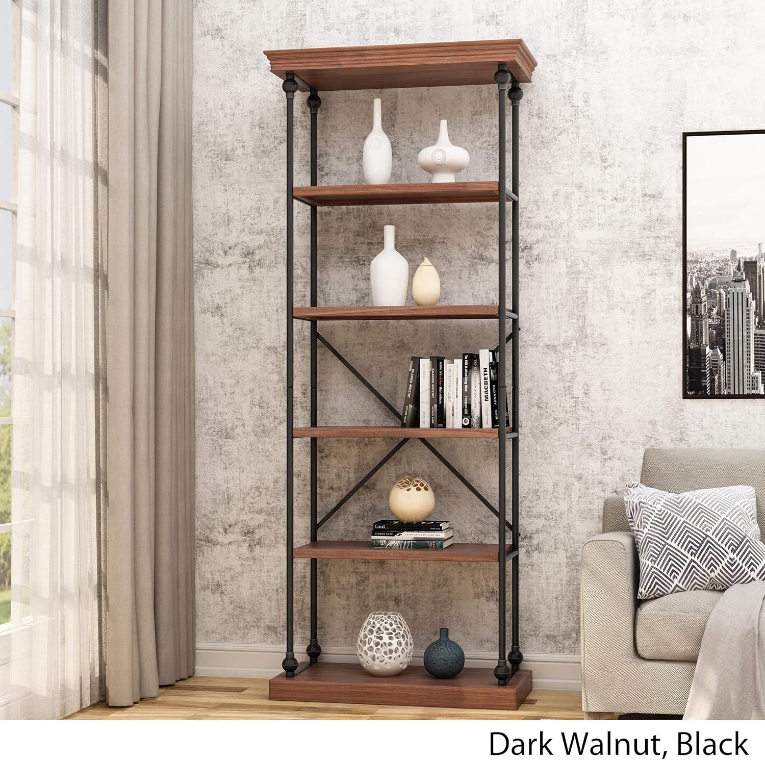 Great Deal Furniture Alma – Estantería industrial de madera con 5 estantes, nogal oscuro y negro