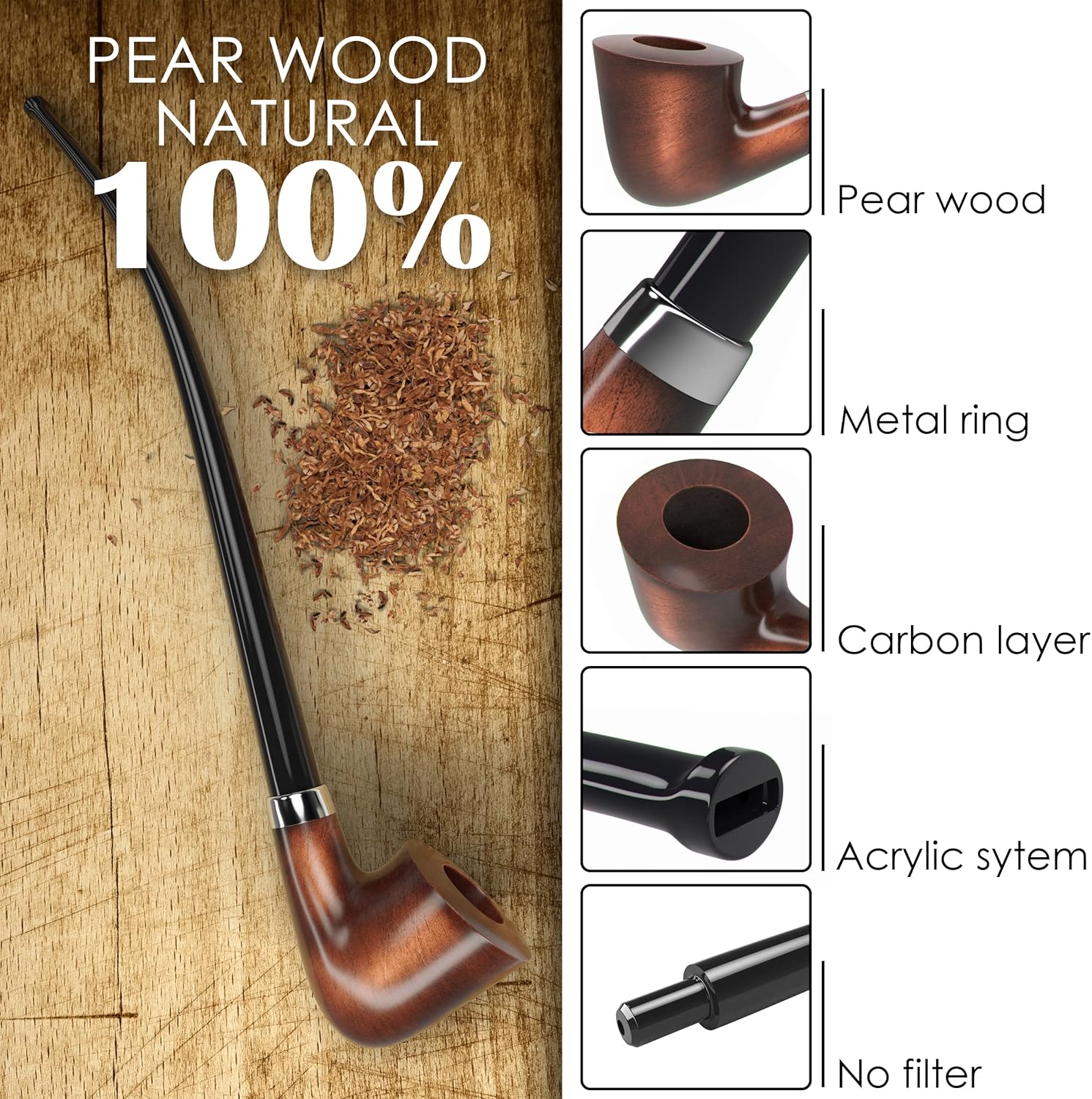 Pipa de tabaco modelo KAF218 Churchwarden Style madera hecha a mano con forma de Dublín de madera de pera con tallo acrílico, caja de regalo con