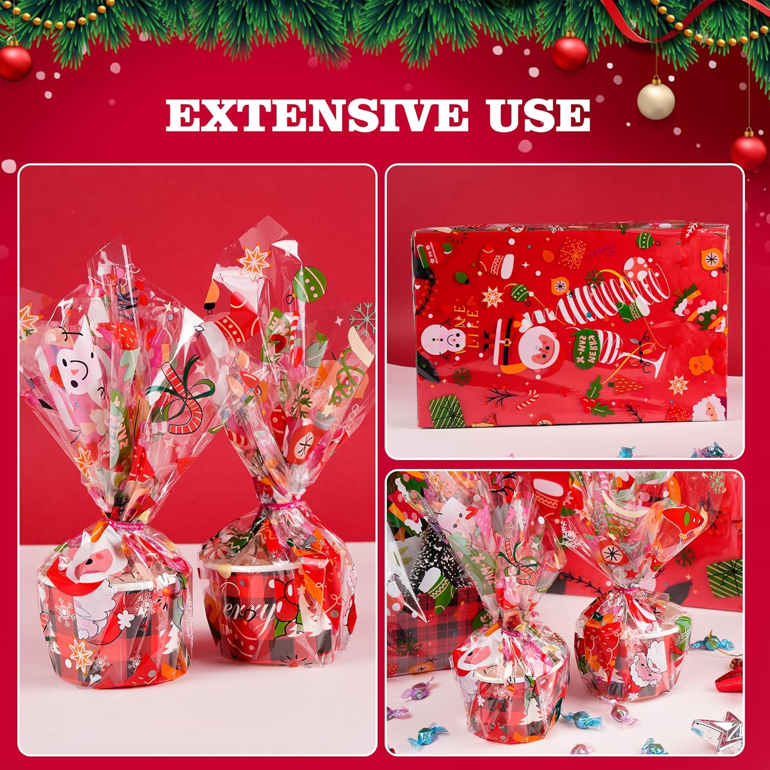 Rollo de celofán de Navidad de 100 pies x 32 pulgadas, bolsas de celofán de Navidad, envoltura de celofán con árbol de Navidad especial de Papá Noel