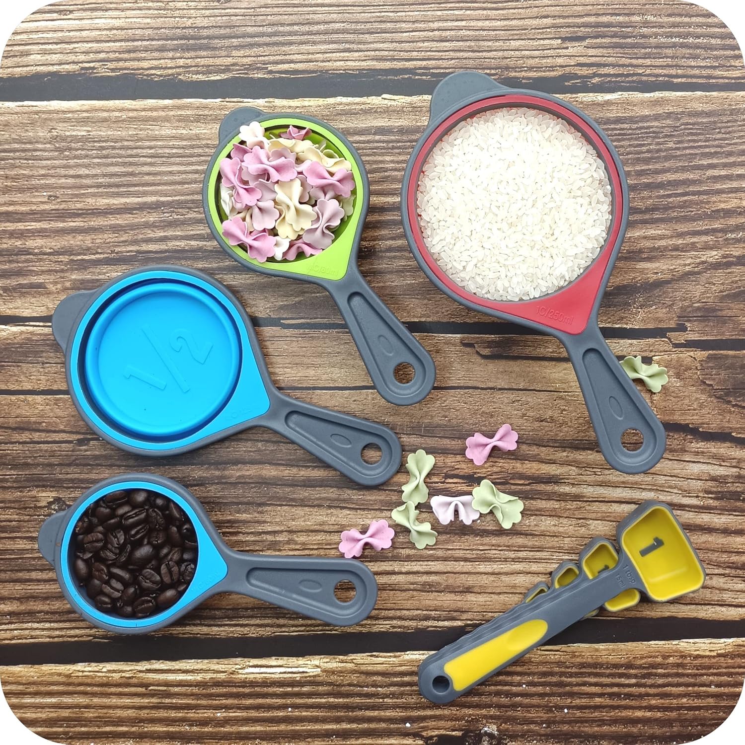 Juego de tazas y cucharas medidoras plegables, 8 tazas y cucharas medidoras de silicona portátiles para medición de líquidos y secos, juego de tazas