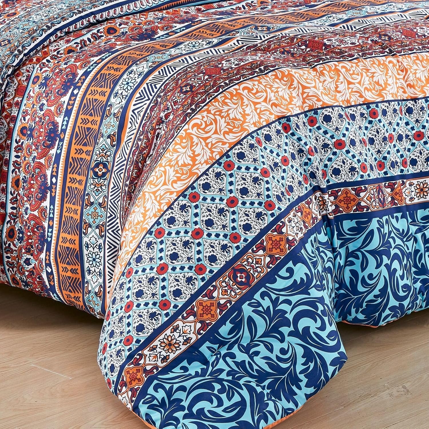 Chezmoi Collection Shore – Juego de edredón de 3 piezas con estampado bohemio a rayas, tamaño King, medallón floral, colorido, azul marino, naranja,