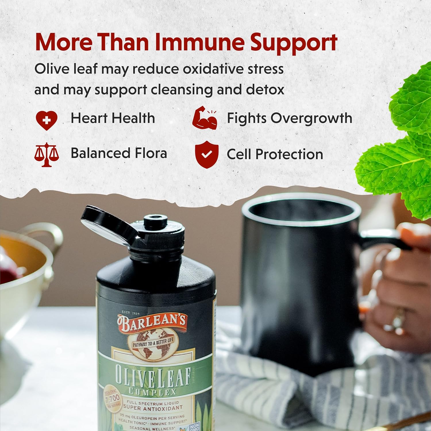 Barlean’s Peppermint Olive Leaf Complex Liquid Immune Support Supplement with 95mg Oleuropein Antioxidants for Seasonal Wellness, Heart Health, &