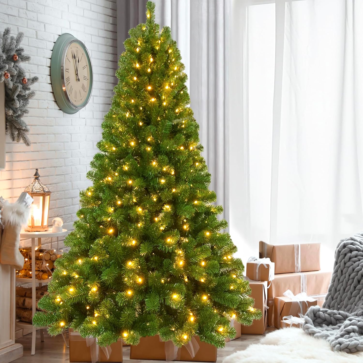 Árbol de Navidad artificial de hoja perenne preiluminado de 6 pies, 679 puntas de ramas exuberantes con 300 luces LED blancas cálidas radiantes,