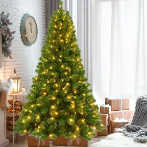 Árbol de Navidad artificial de hoja perenne preiluminado de 6 pies, 679 puntas de ramas exuberantes con 300 luces LED blancas cálidas radiantes, Árbol de Navidad artificial de hoja perenne preiluminado de 6 pies, 679 puntas de ramas exuberantes con 300 luces LED blancas cálidas radiantes,