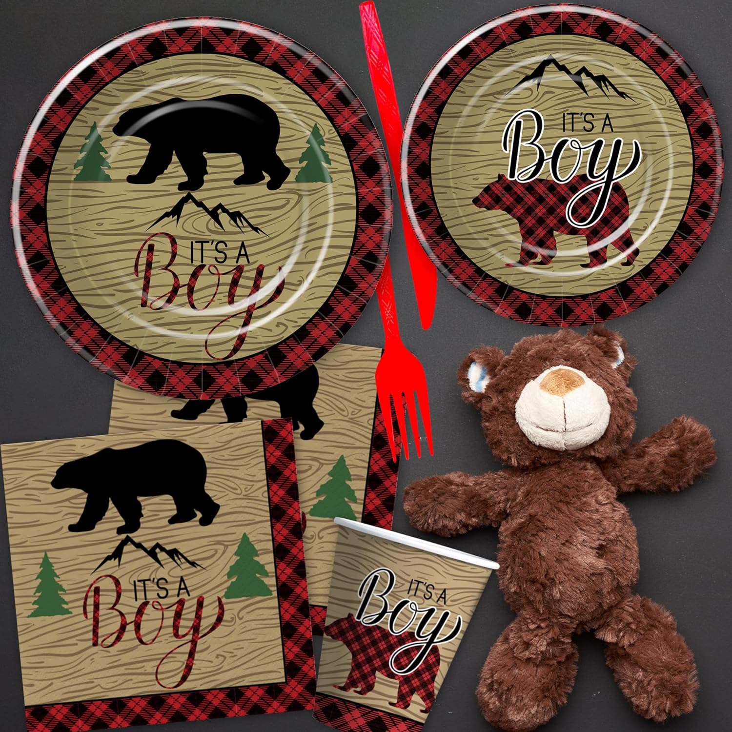 Xigejob Decoraciones de leñador para baby shower, suministros de fiesta de leñador para bebé, plato, taza, servilleta, mantel, cubiertos, búfalo a