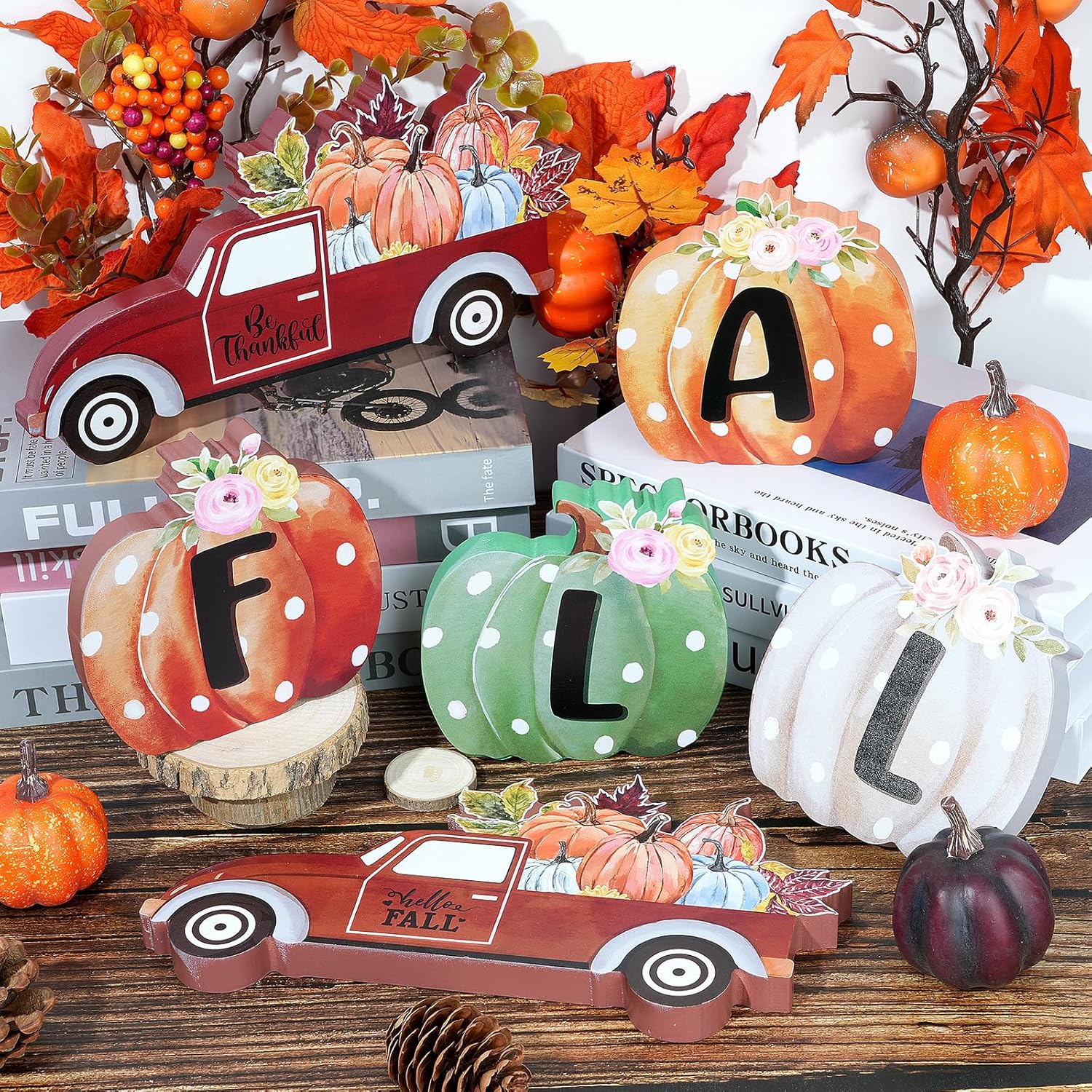 6 piezas de decoración de otoño para el hogar, letrero de madera con texto en inglés “Hello Fall”, calabaza, camión, arce, mesa de Acción de
